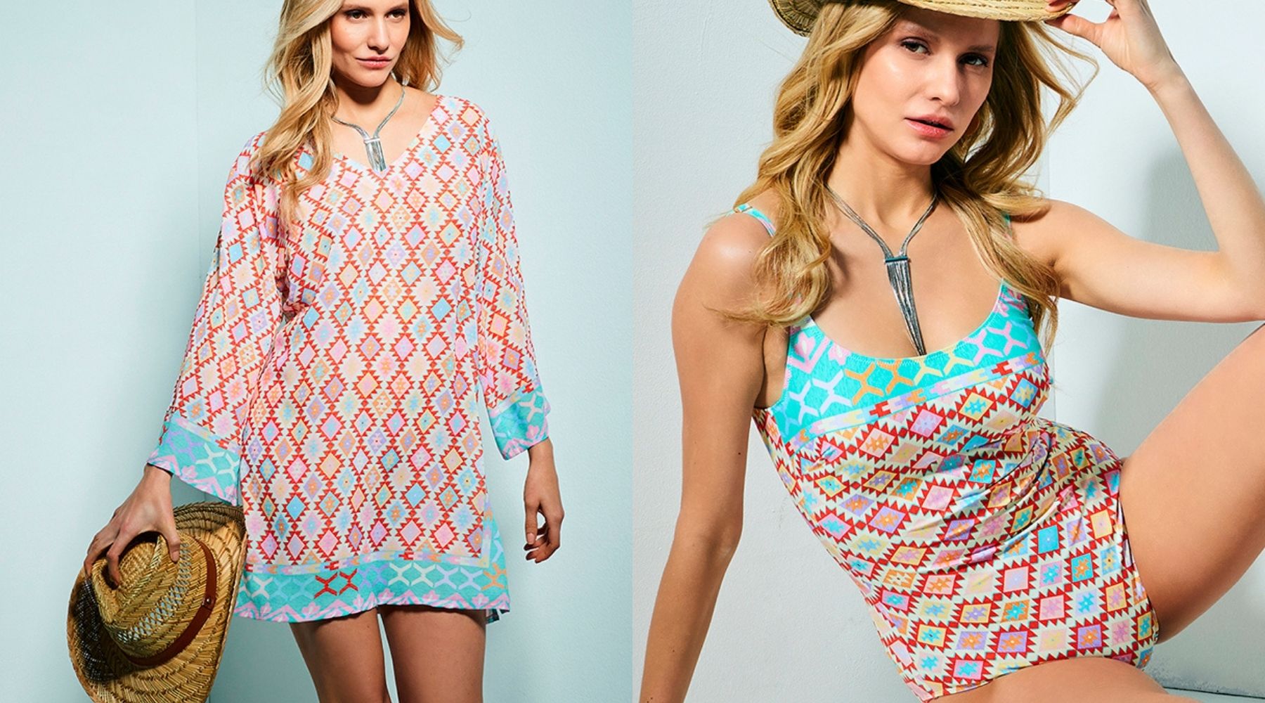 Fürstenberg Fashion Bademode Capri Beach – bunter Badeanzug und Kaftan mit geometrischem Print in Türkis und Koralle, Sommerkollektion bei Betten Rüger in Nürnberg
